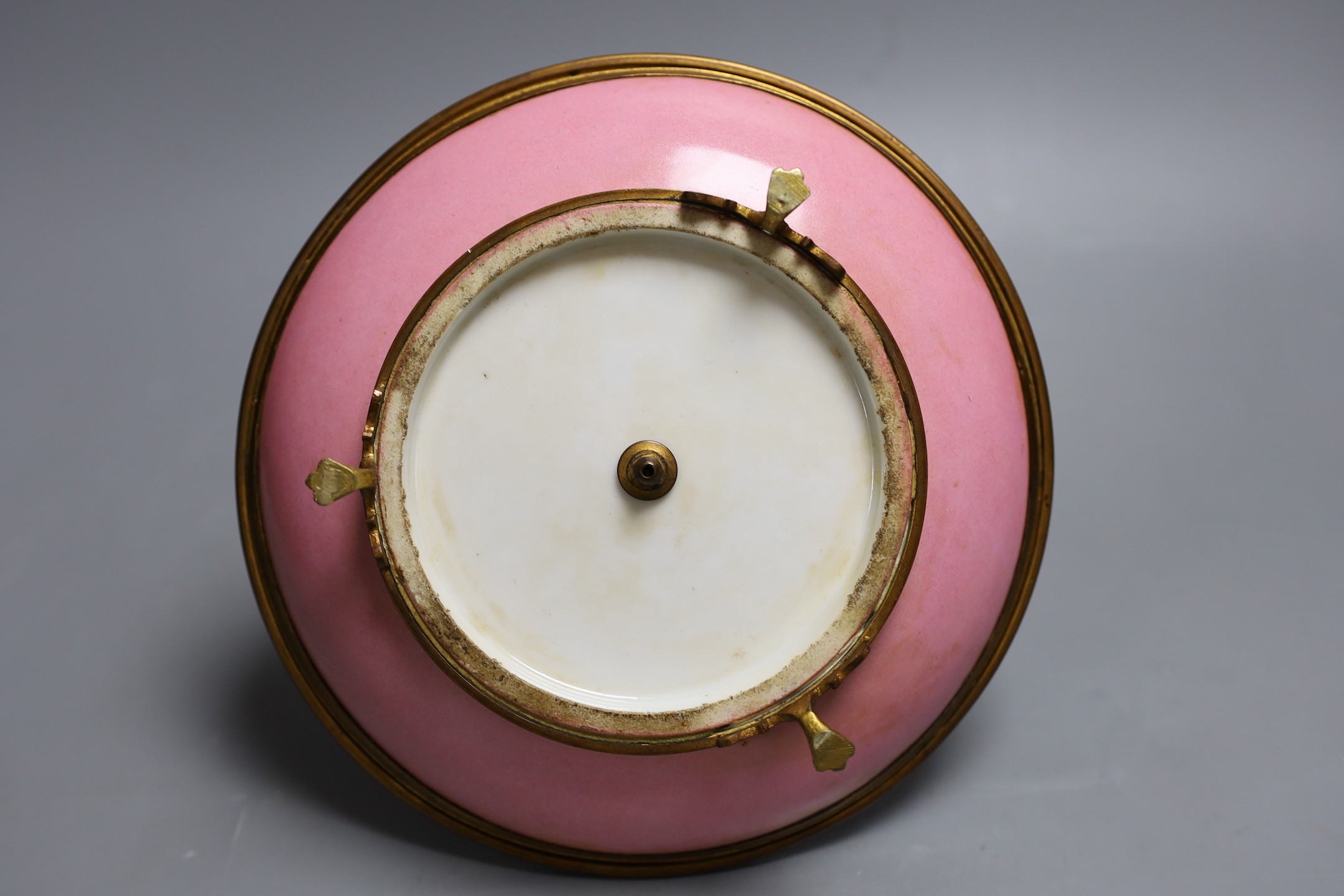 A Sevres style pink ground porcelain and gilt metal mounted inkwell, 18cm tall